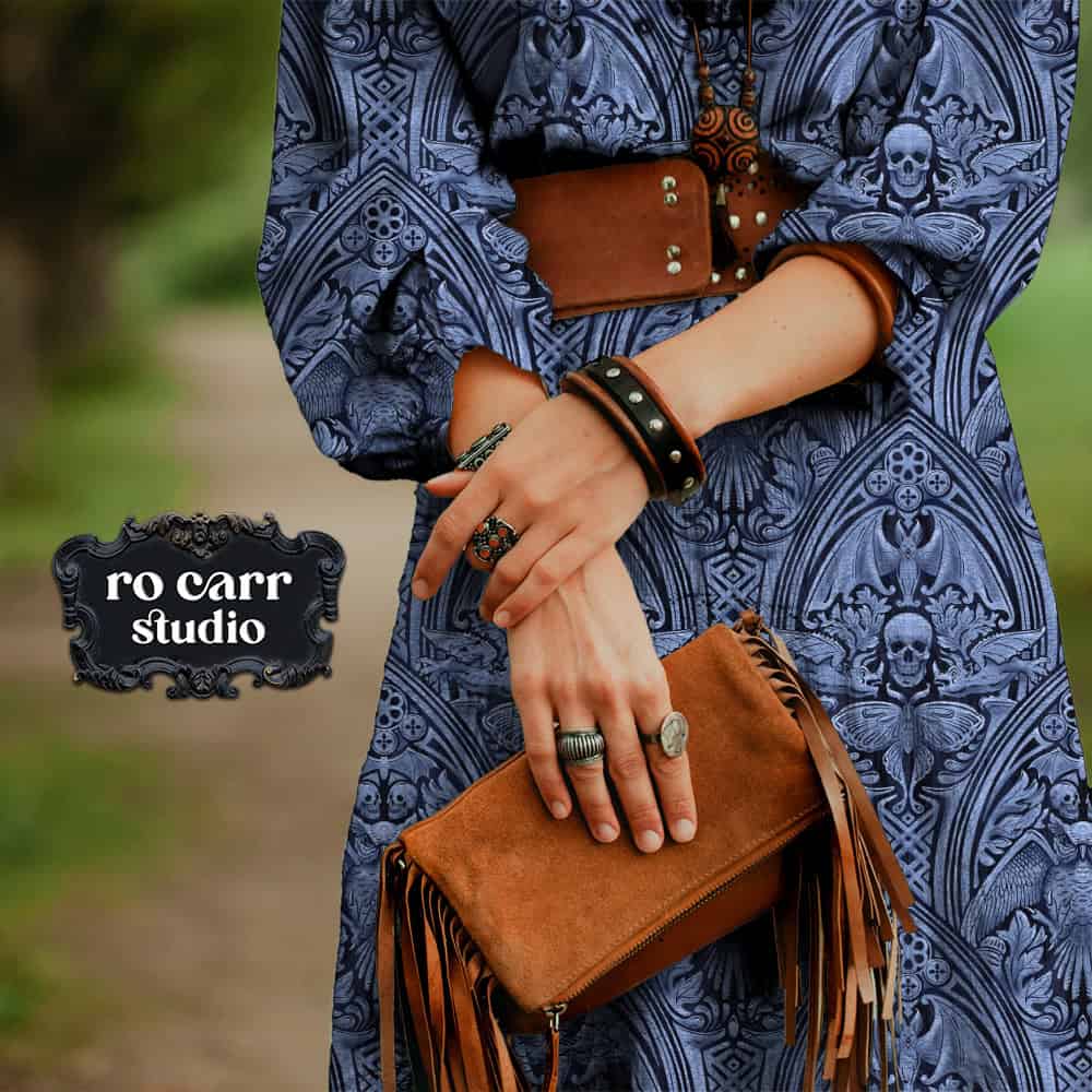 Fabric mockup of a woman wearing a loose dress with a leather belt.