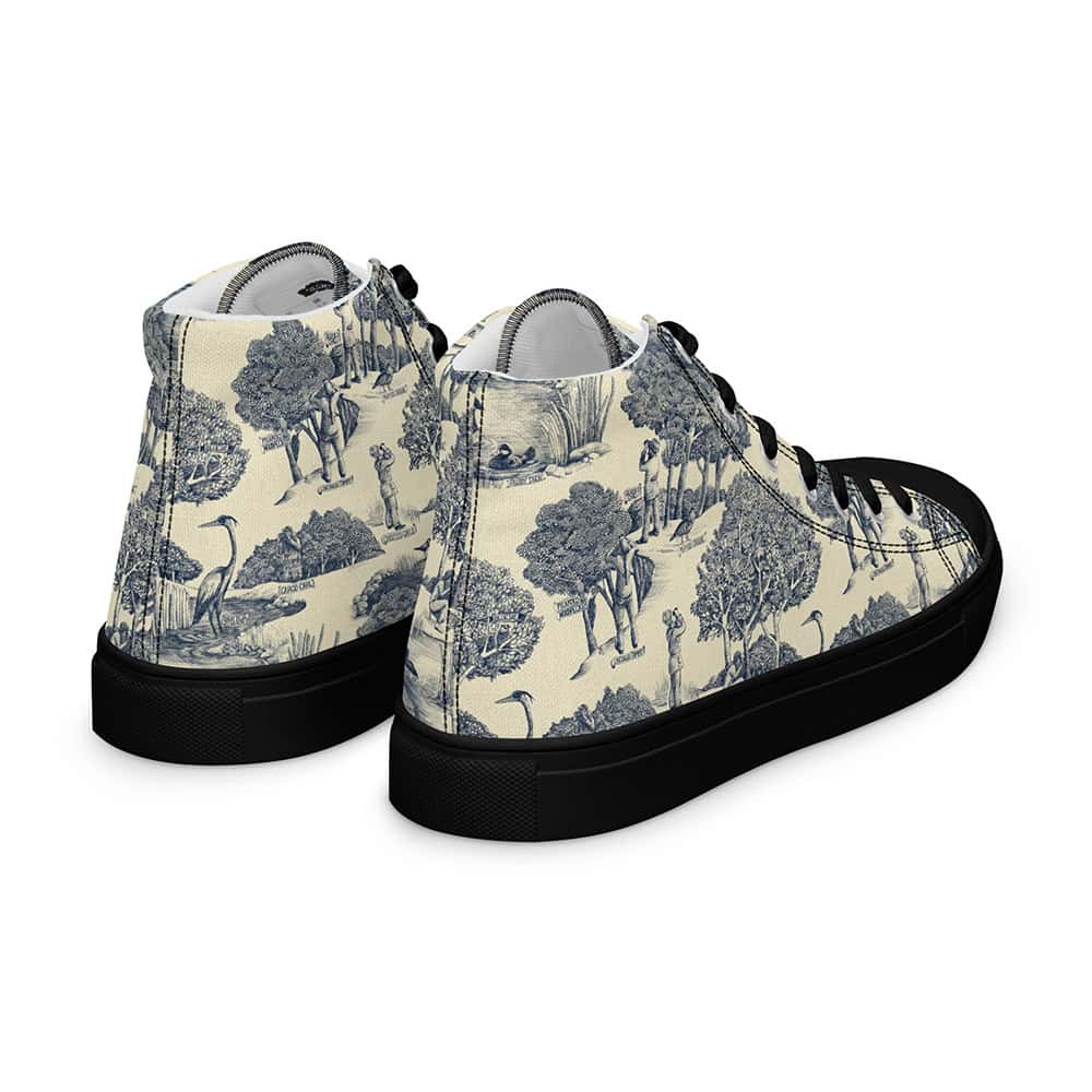 Birds & Birders toile printed on women's high tops with black laces and soles, back three quarter view.
