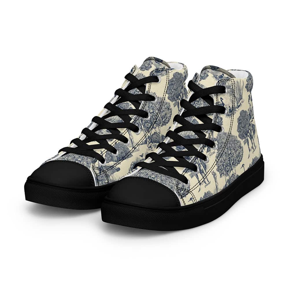 Birds & Birders toile printed on women's high tops with black laces and soles, front three quarter view.