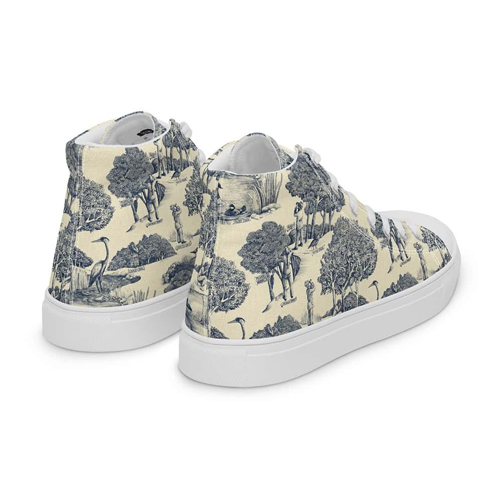 Birds & Birders toile printed on women's high tops with white laces and soles, back three quarter view.