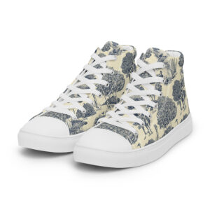 Birds & Birders toile printed on women's high tops with white laces and soles, front three quarter view.