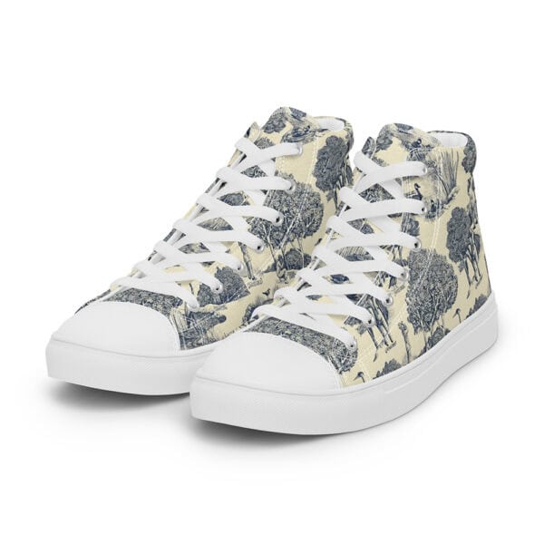 Birds & Birders toile printed on women's high tops with white laces and soles, front three quarter view.