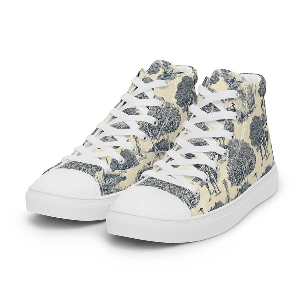Birds & Birders toile printed on women's high tops with white laces and soles, front three quarter view.