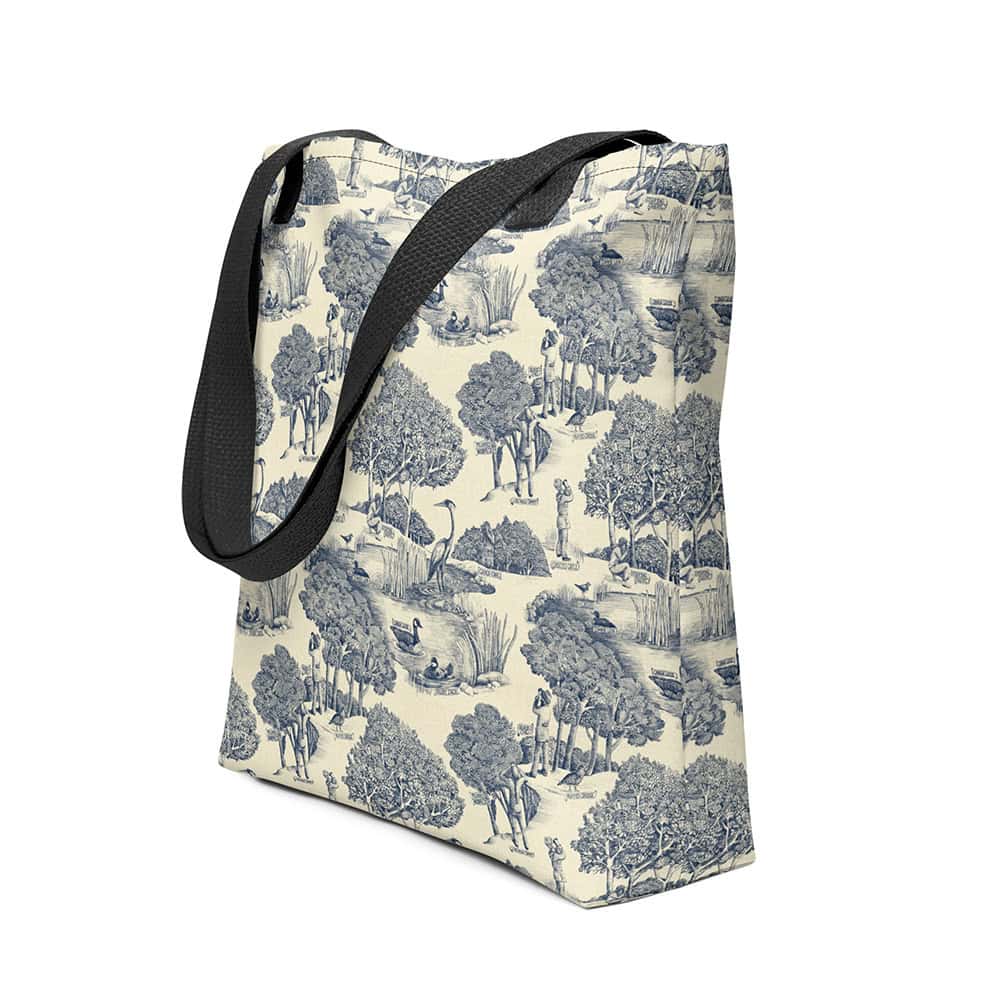 Three quarter view of tote bag printed with Birds & Birders toile de juoy.