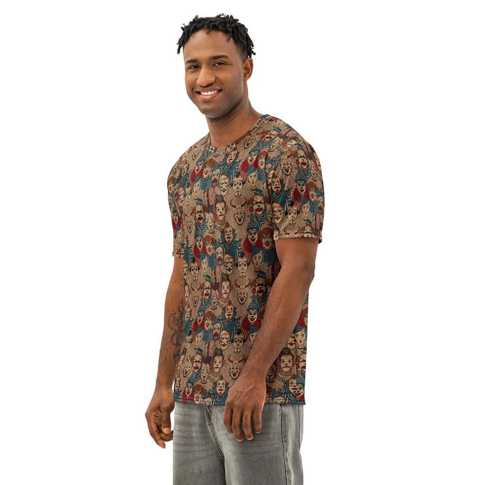 Man wearing Creepy Circus Men's Tee with allover creepy clown face print in muted red, teal, and tan.