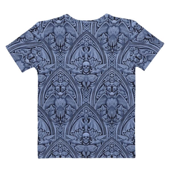 The Grande Macabre Twilight Blue gothic pattern t-shirt, back view.
