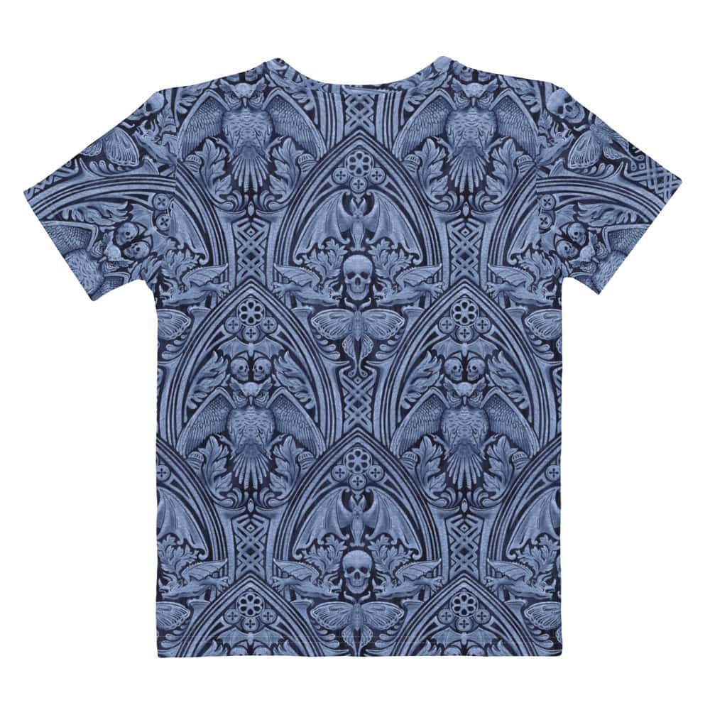 The Grande Macabre Twilight Blue gothic pattern t-shirt, back view.