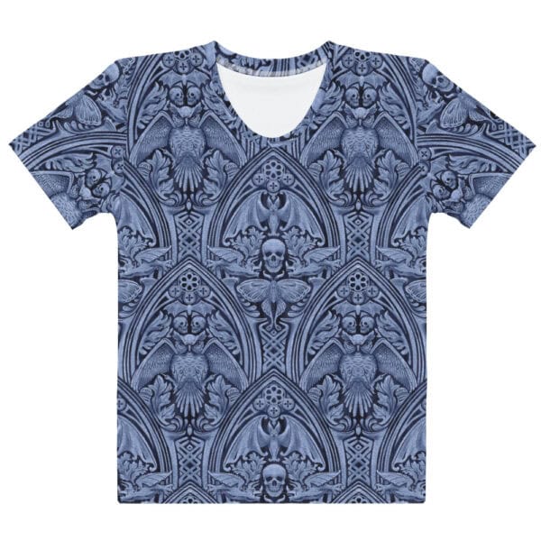 The Grande Macabre Twilight Blue gothic pattern t-shirt, front view.