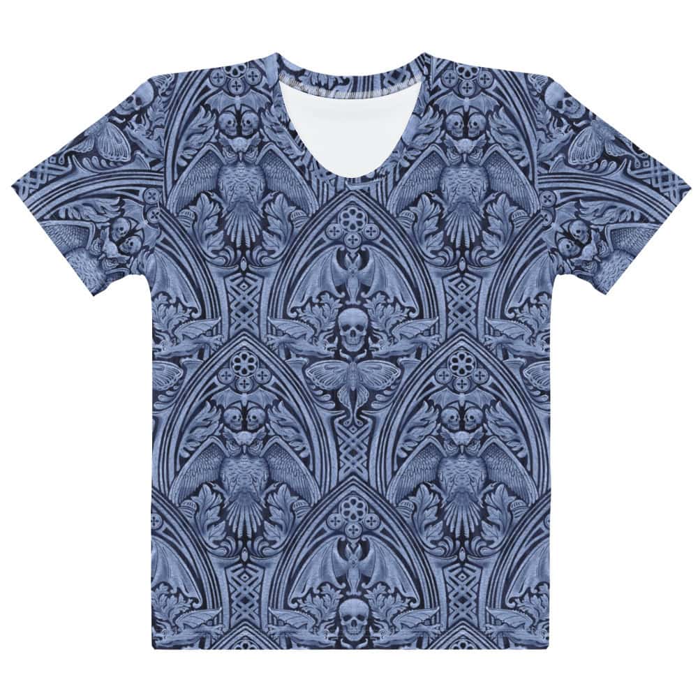 The Grande Macabre Twilight Blue gothic pattern t-shirt, front view.