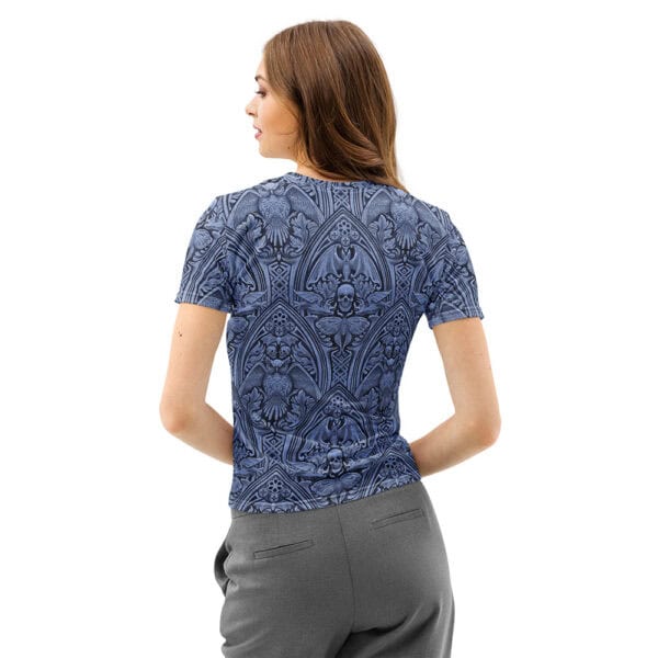 Woman wearing Grande Macabre Twilight Blue gothic pattern t-shirt, back view.
