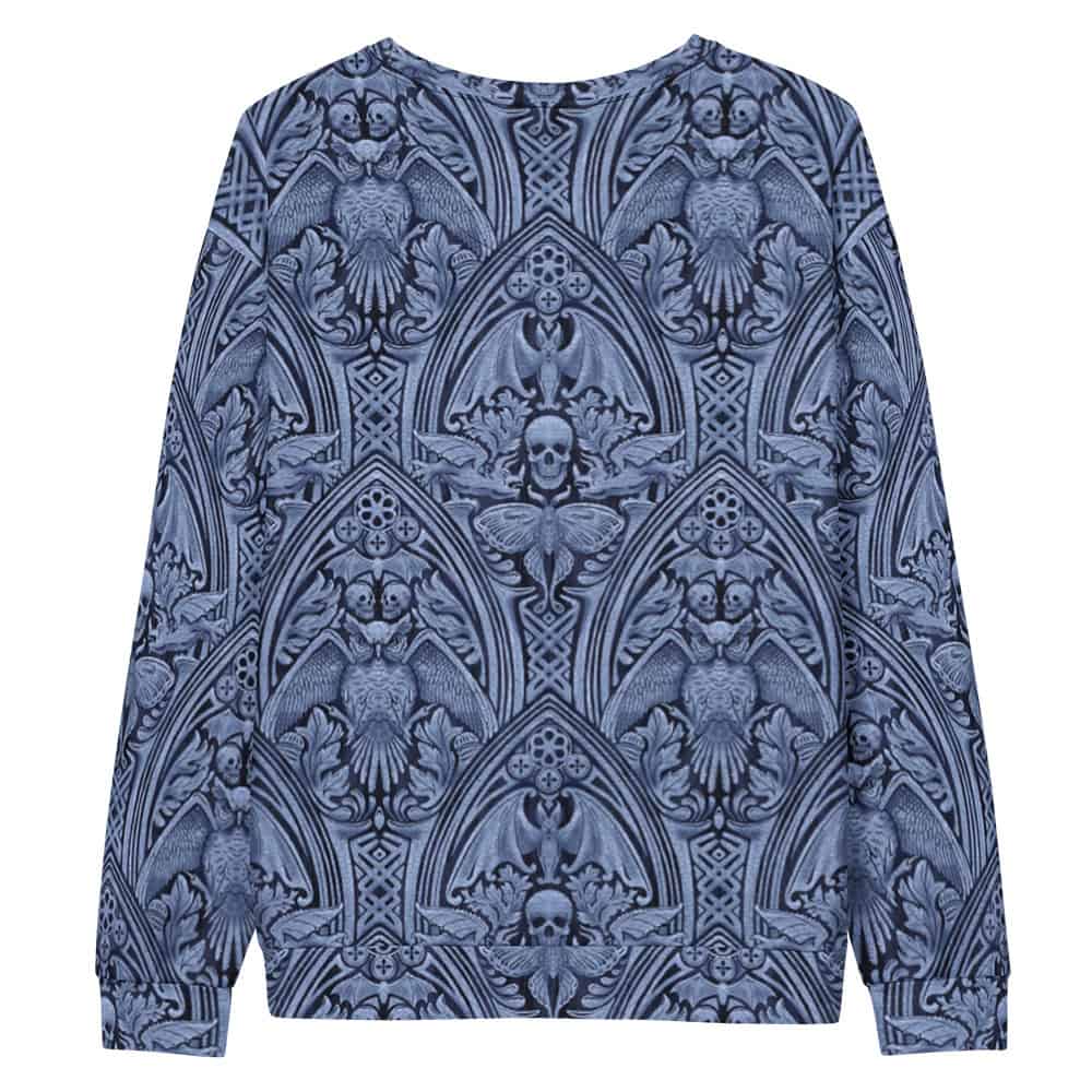 The Grande Macabre Twilight Blue gothic pattern sweatshirt, back view.