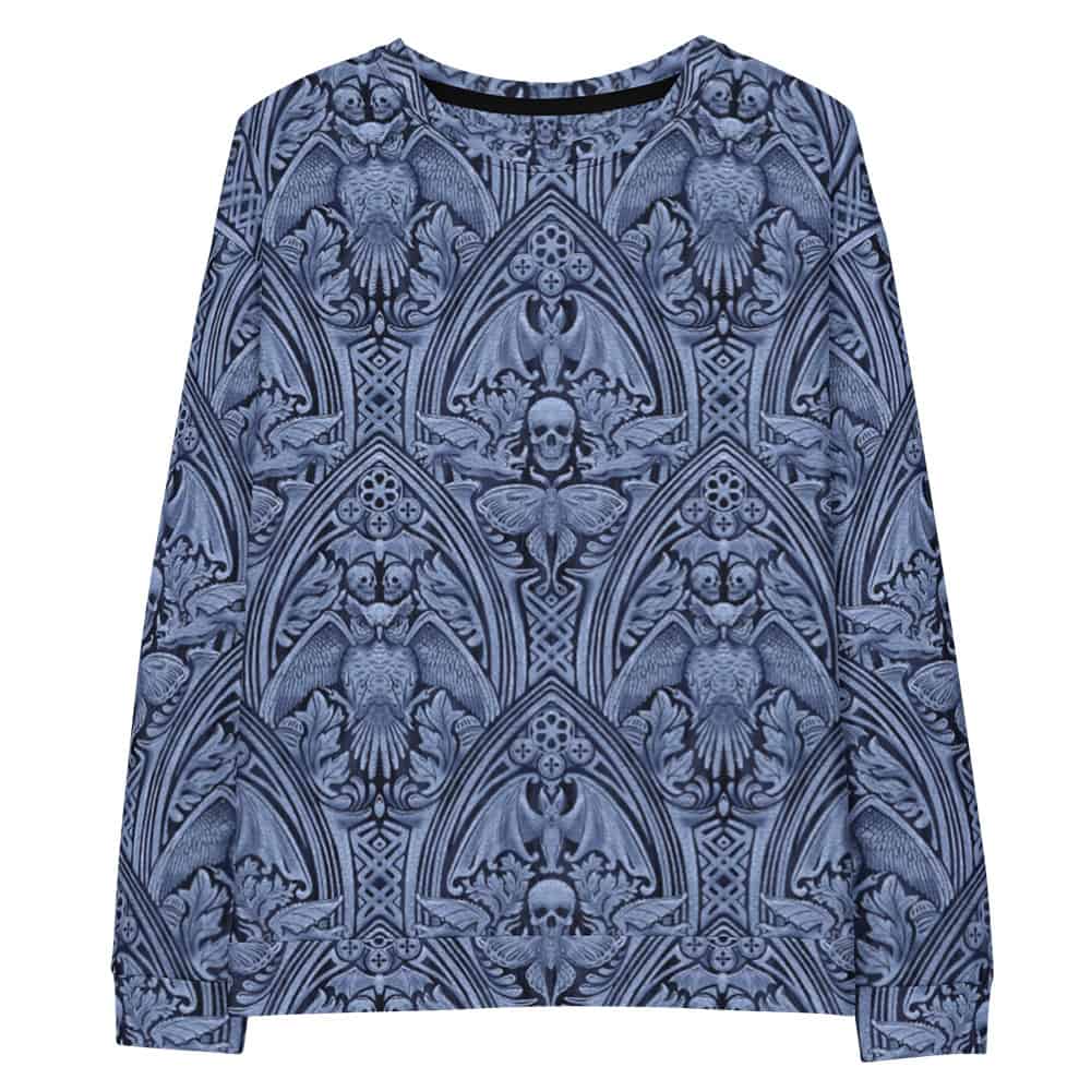 The Grande Macabre Twilight Blue gothic pattern sweatshirt, front view.