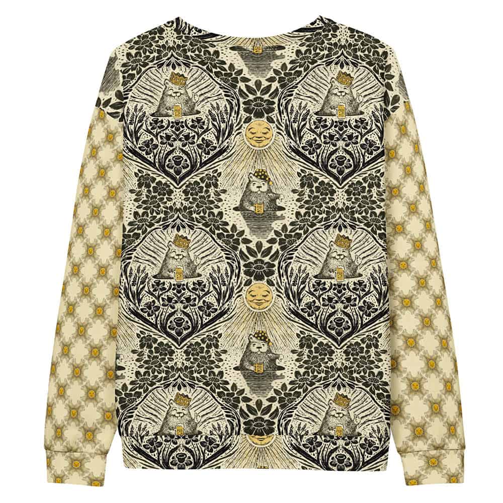 Back side of sweatshirt featuring groundhog day damask on the torso and sleeves with smiling sun repeat.