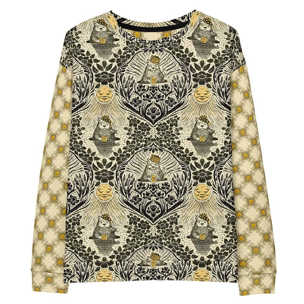 Front side of sweatshirt featuring groundhog day damask on the torso and sleeves with smiling sun repeat. Relaxed neck.