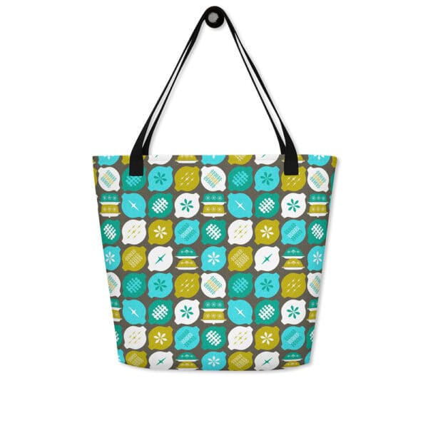 Hostess with the Mostest tote bag, in retro aqua and avocado on gray background, shown from the front.