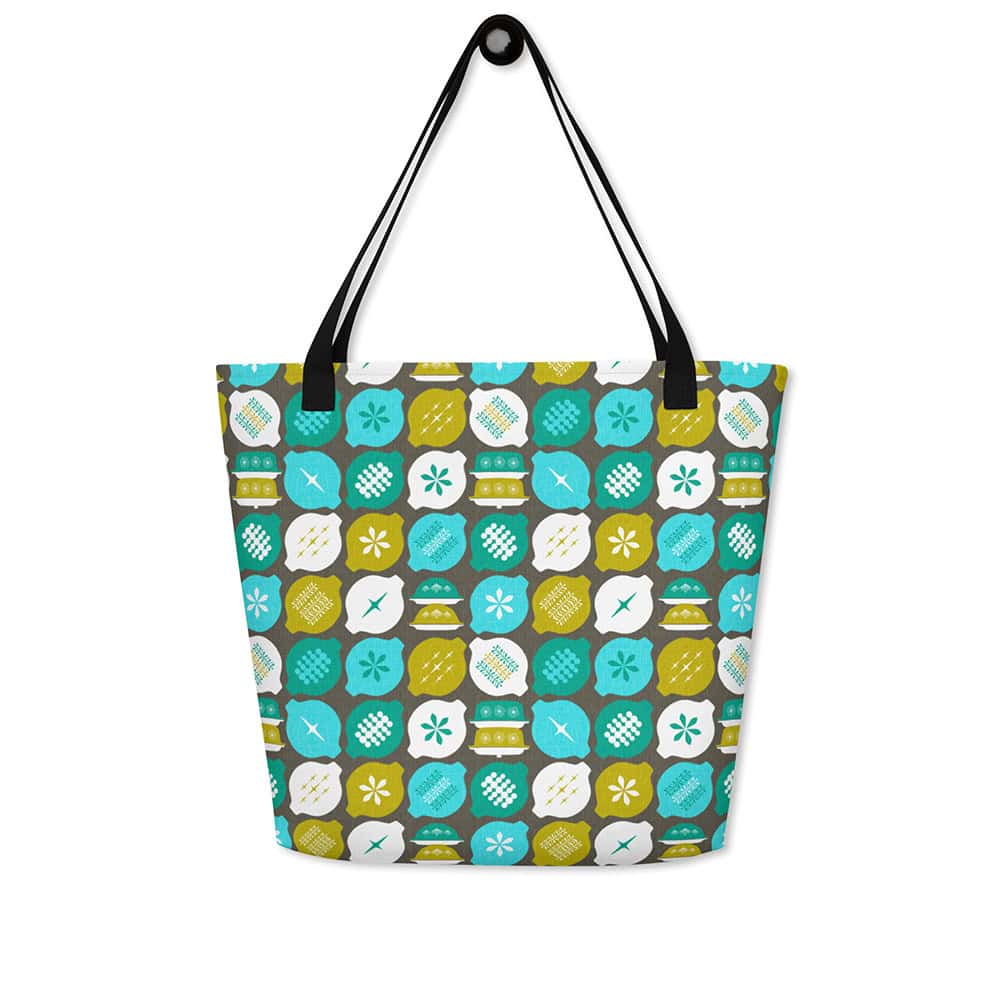 Hostess with the Mostest tote bag, in retro aqua and avocado on gray background, shown from the front.