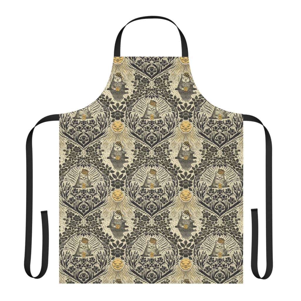 Apron with black straps printed with Groundhog Day Damask.