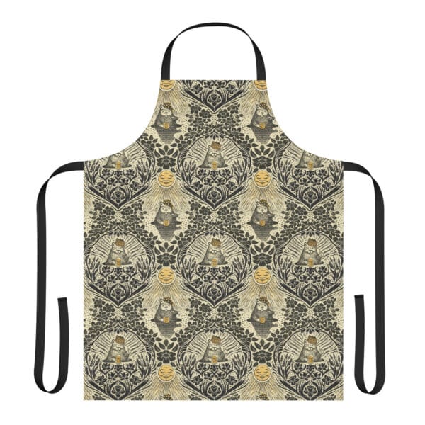 Apron with black straps printed with Groundhog Day Damask.