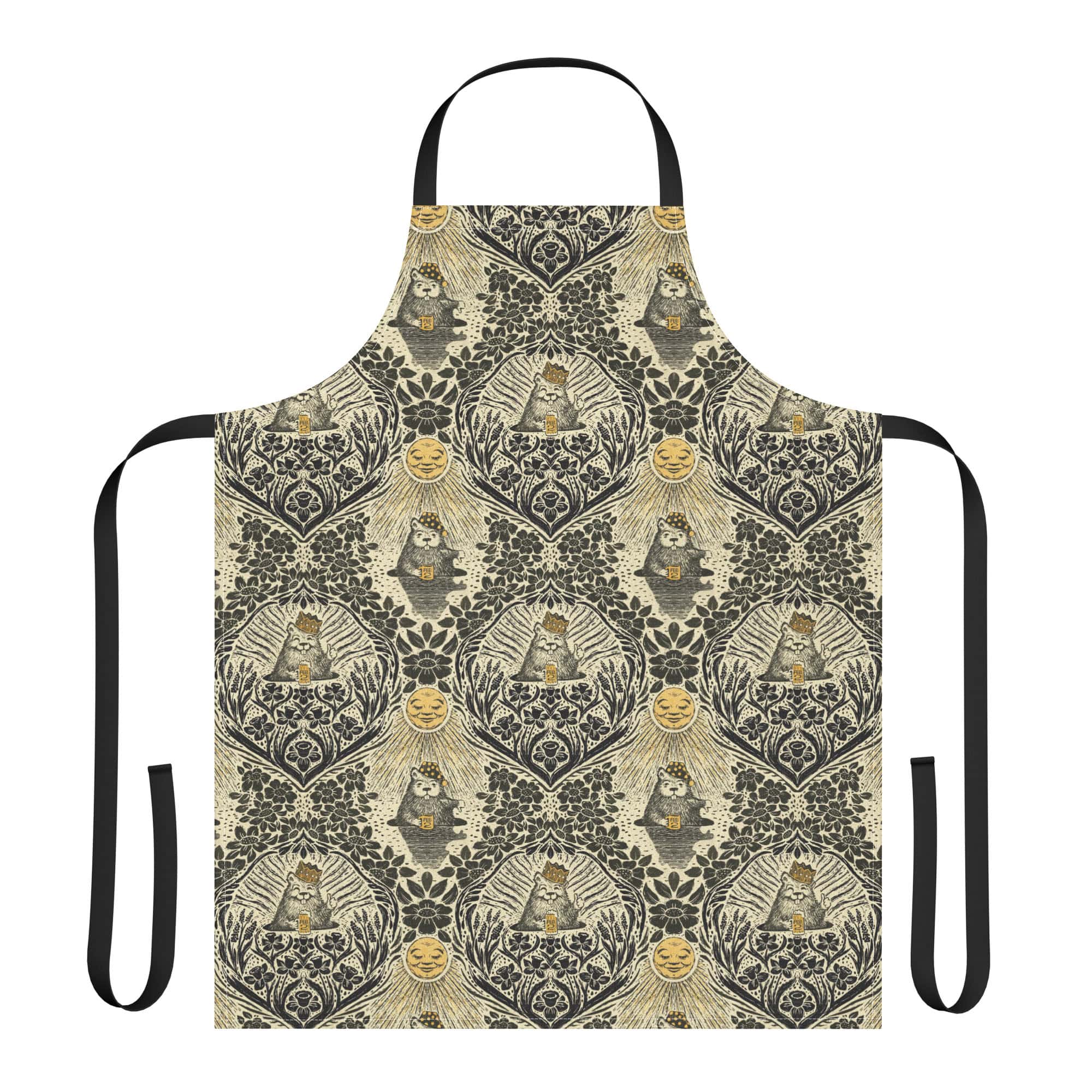 Apron with black straps printed with Groundhog Day Damask.