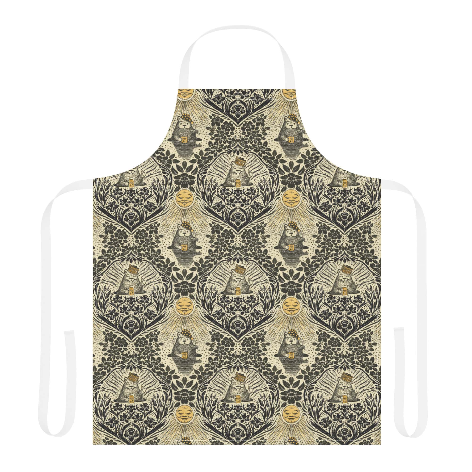 Apron with white straps printed with Groundhog Day Damask.
