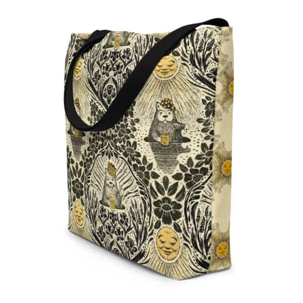 Large double sided tote - front side shows groundhog day damask print and backside is celestial suns. Black strap, black and yellow colorway.