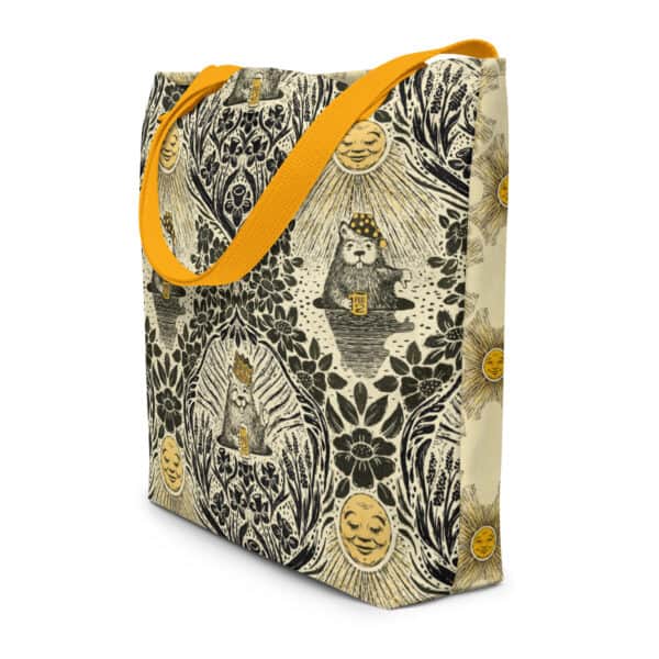 Large double sided tote - front side shows groundhog day damask print and backside is celestial suns. Bright gold strap, black and yellow colorway.
