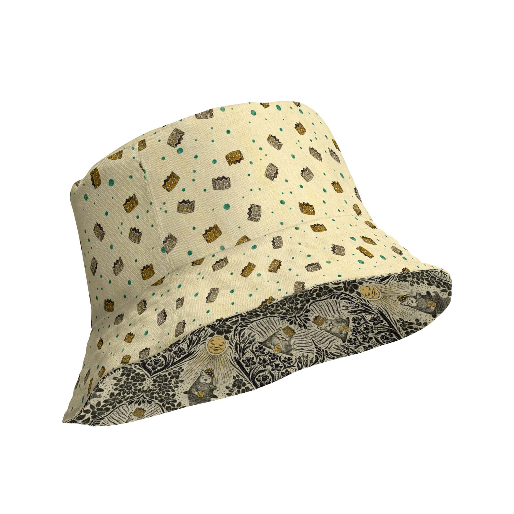 Reverse side showing ditsy crowns on light yellow background.