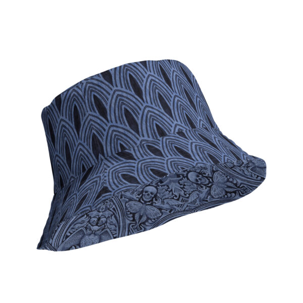 The Grande Macabre Reversible Bucket Hat flat lay, showing both sides — Twilight Blue gothic pattern and coordinating gothic arches print.
