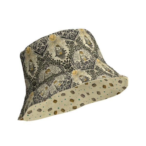 Groundhog Day reversible bucket hat. Shown is the outside printed with groundhog day damask interior with royal crowns ditsy print.