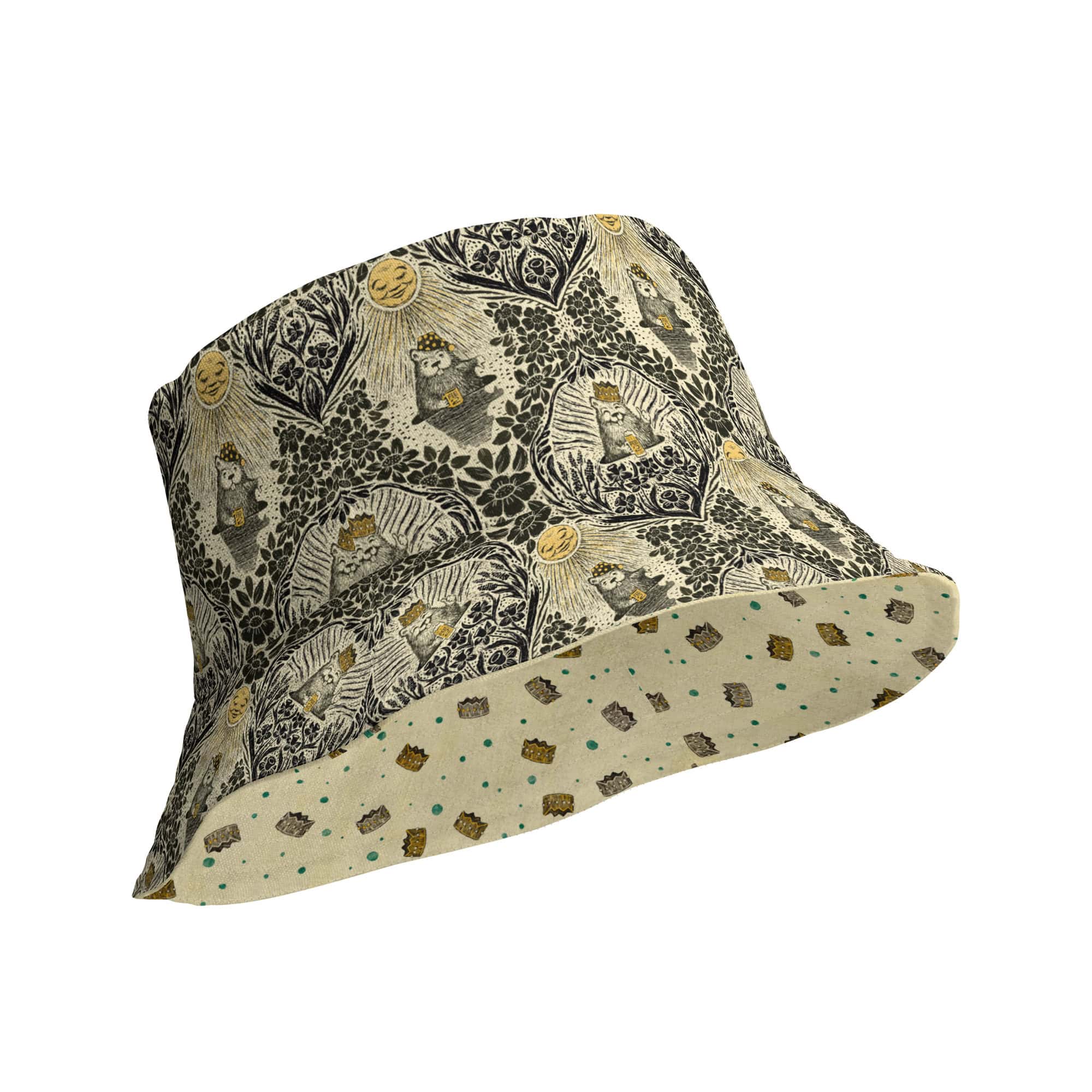 Groundhog Day reversible bucket hat. Shown is the outside printed with groundhog day damask interior with royal crowns ditsy print.