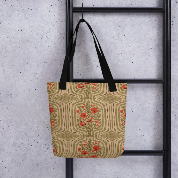 Boho Terrarium tote bag with scarlet tanager and poppy pattern, hanging view.