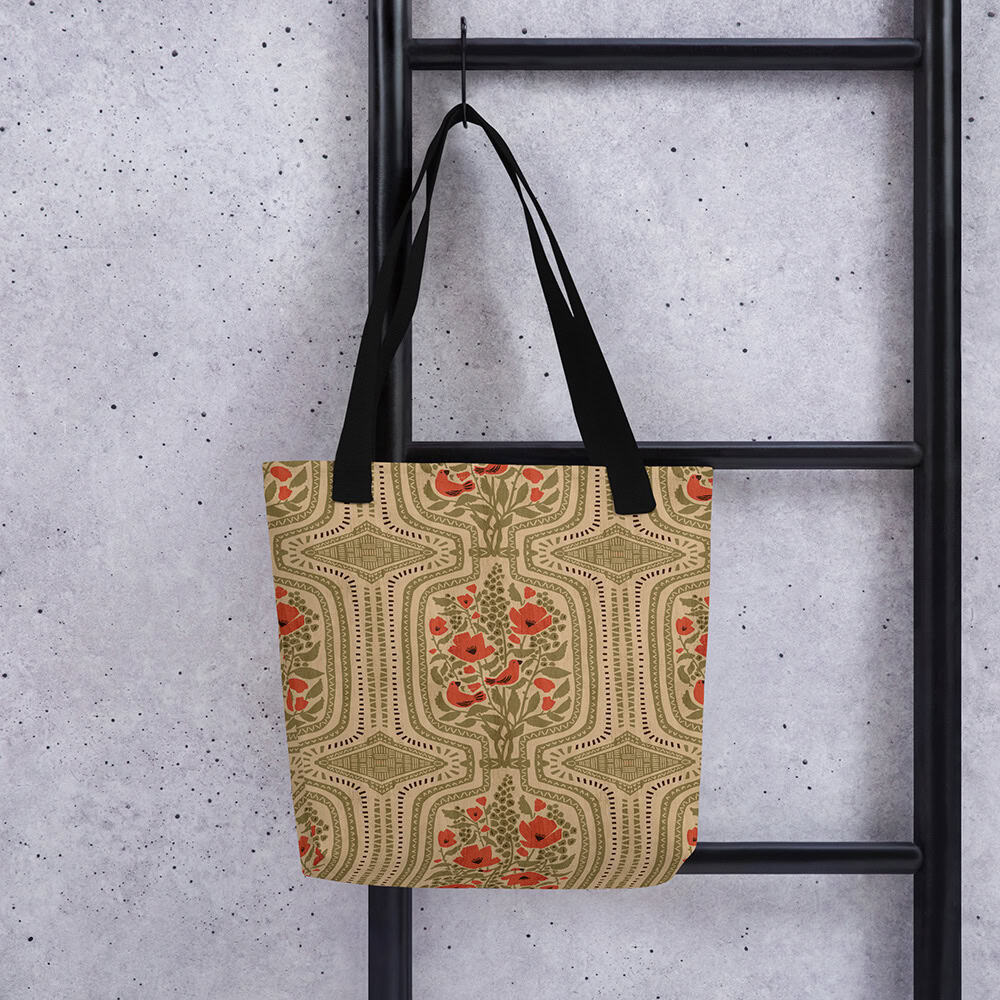 Boho Terrarium tote bag with scarlet tanager and poppy pattern, hanging view.