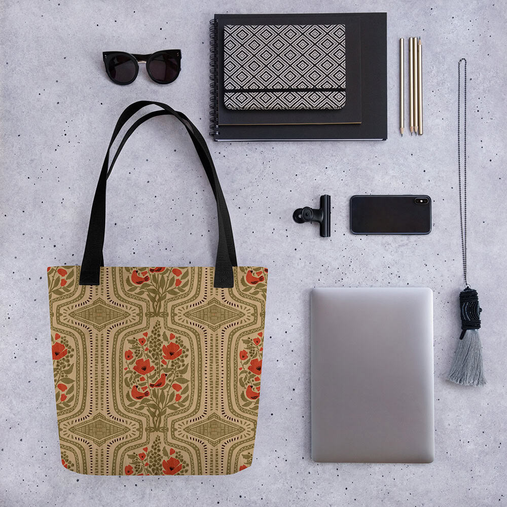 Boho Terrarium tote bag styled with everyday essentials.