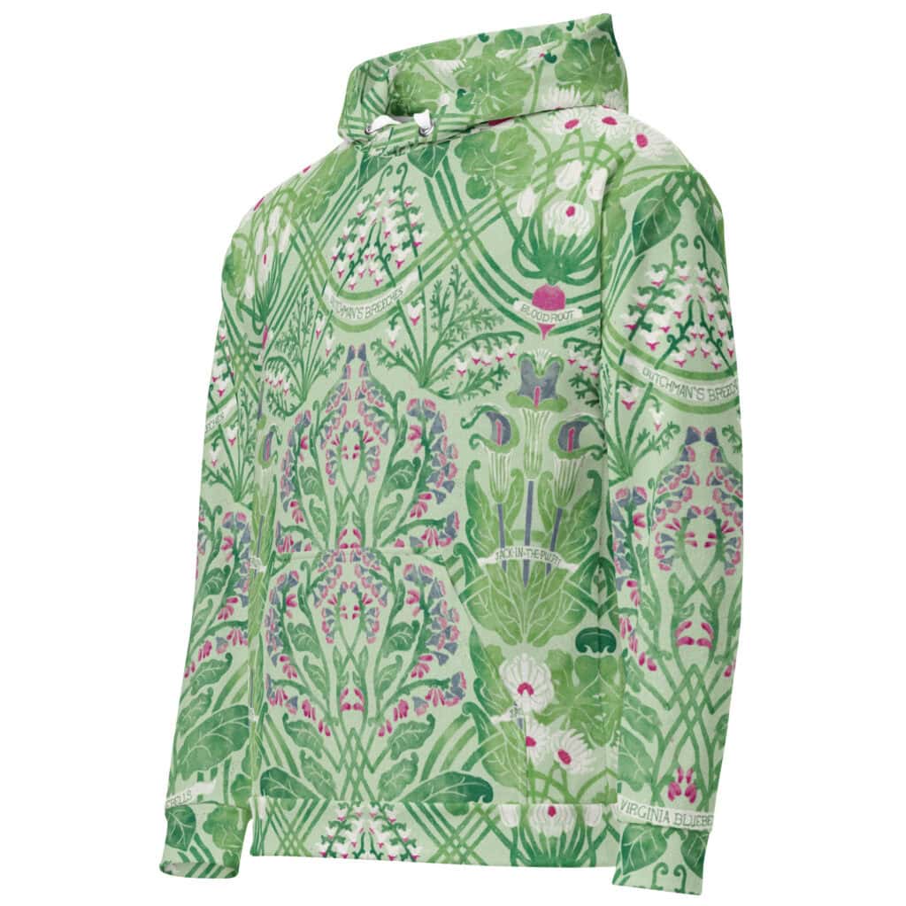 Side-hung hoodie: Green Art Nouveau botanical hoodie with hood up, showing the full Rennie's Field Journal print.