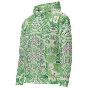 Side-hung hoodie: Green Art Nouveau botanical hoodie with hood up, showing the full Rennie's Field Journal print.