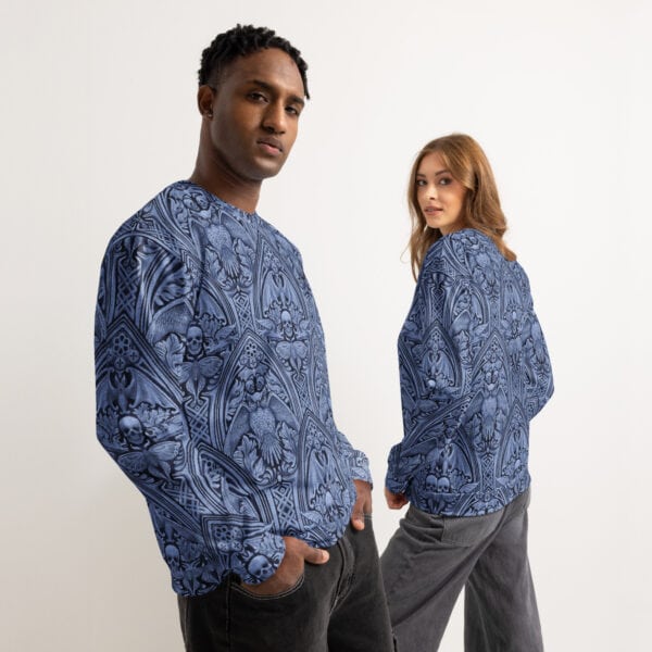 Man and woman wearing Grande Macabre Twilight Blue goth sweatshirt, front and back view.