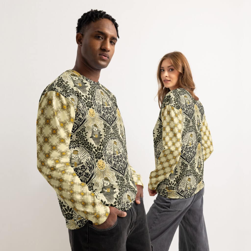 Male and female models wearing groundhog day damask sweatshirts.