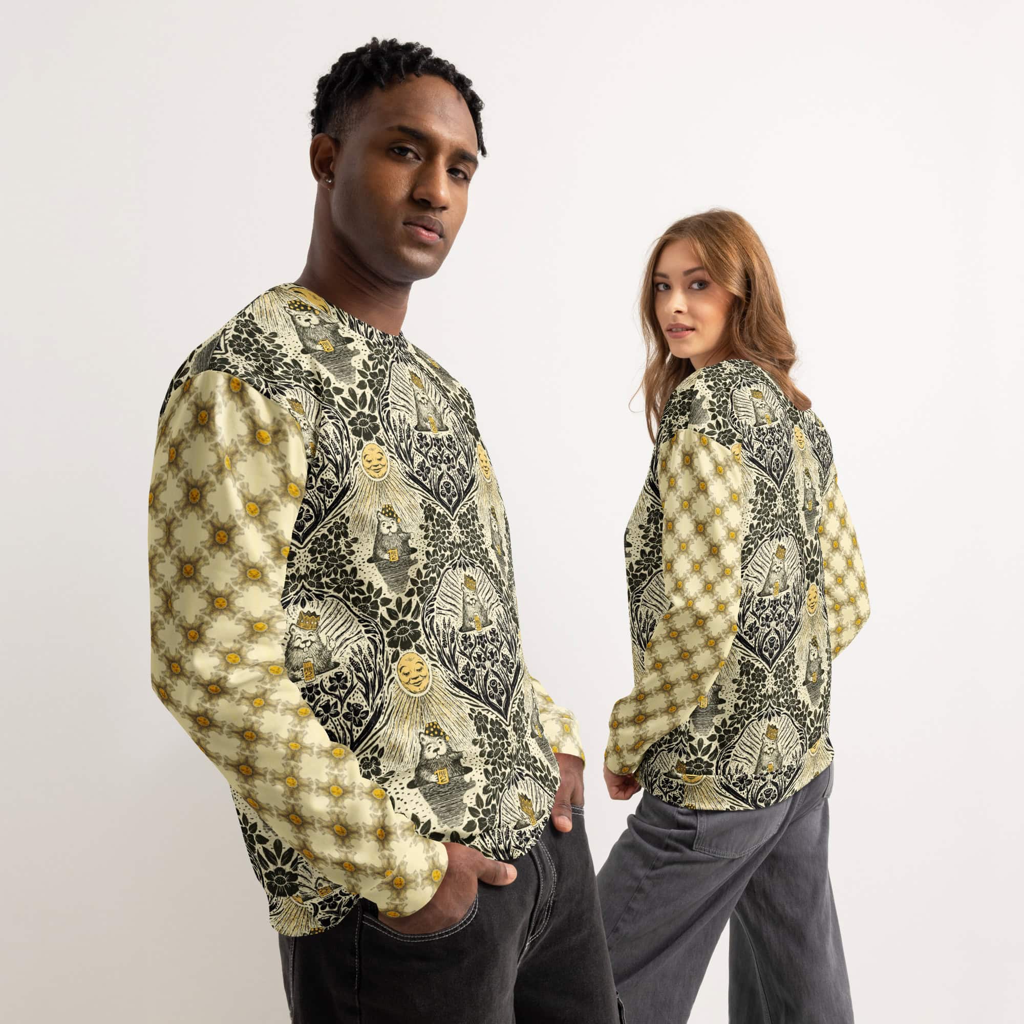 Male and female models wearing groundhog day damask sweatshirts.
