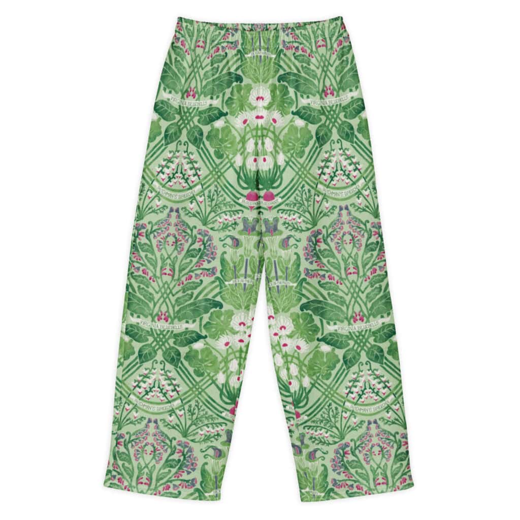 Green Art Nouveau botanical wide-leg trousers, the Rennie's Field Journal print, laid flat on a white background, front side.