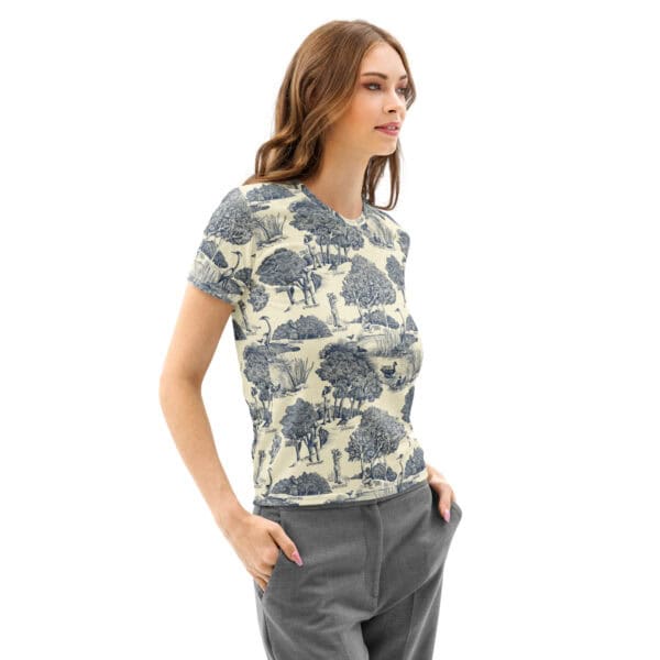 Birds & Birders v-neck women's tee, shown on model, front view.