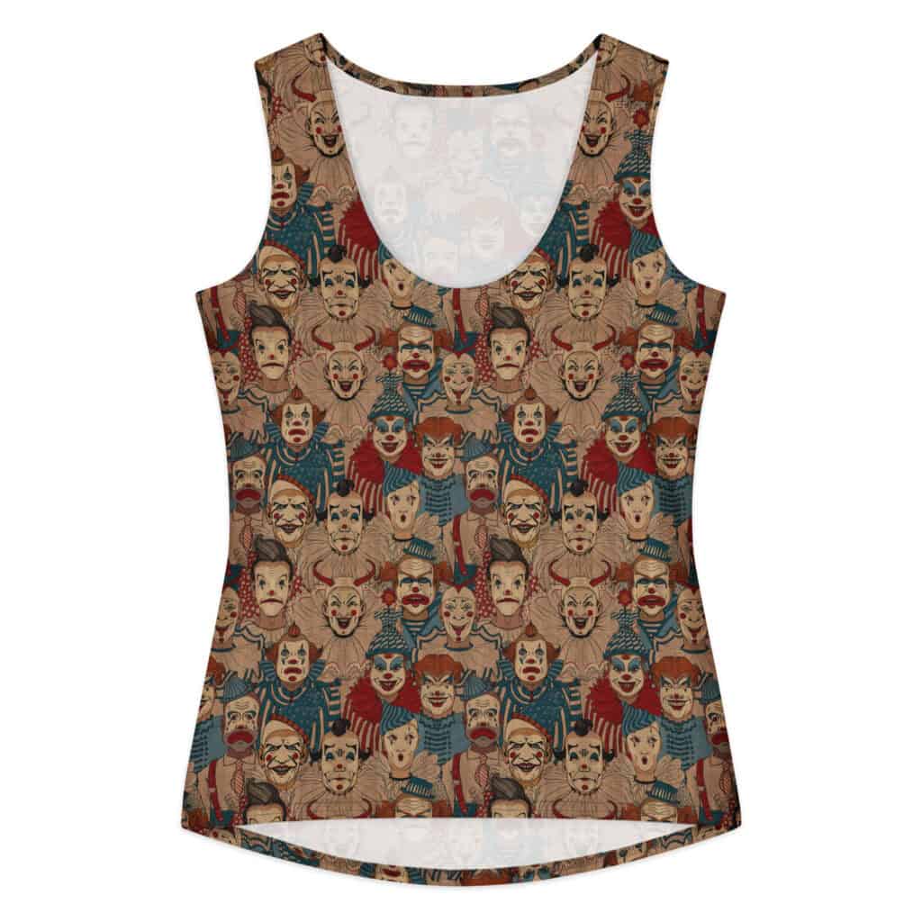 Creepy Circus Women's Tank, front view showing allover vintage clown print in brown, red, and teal.