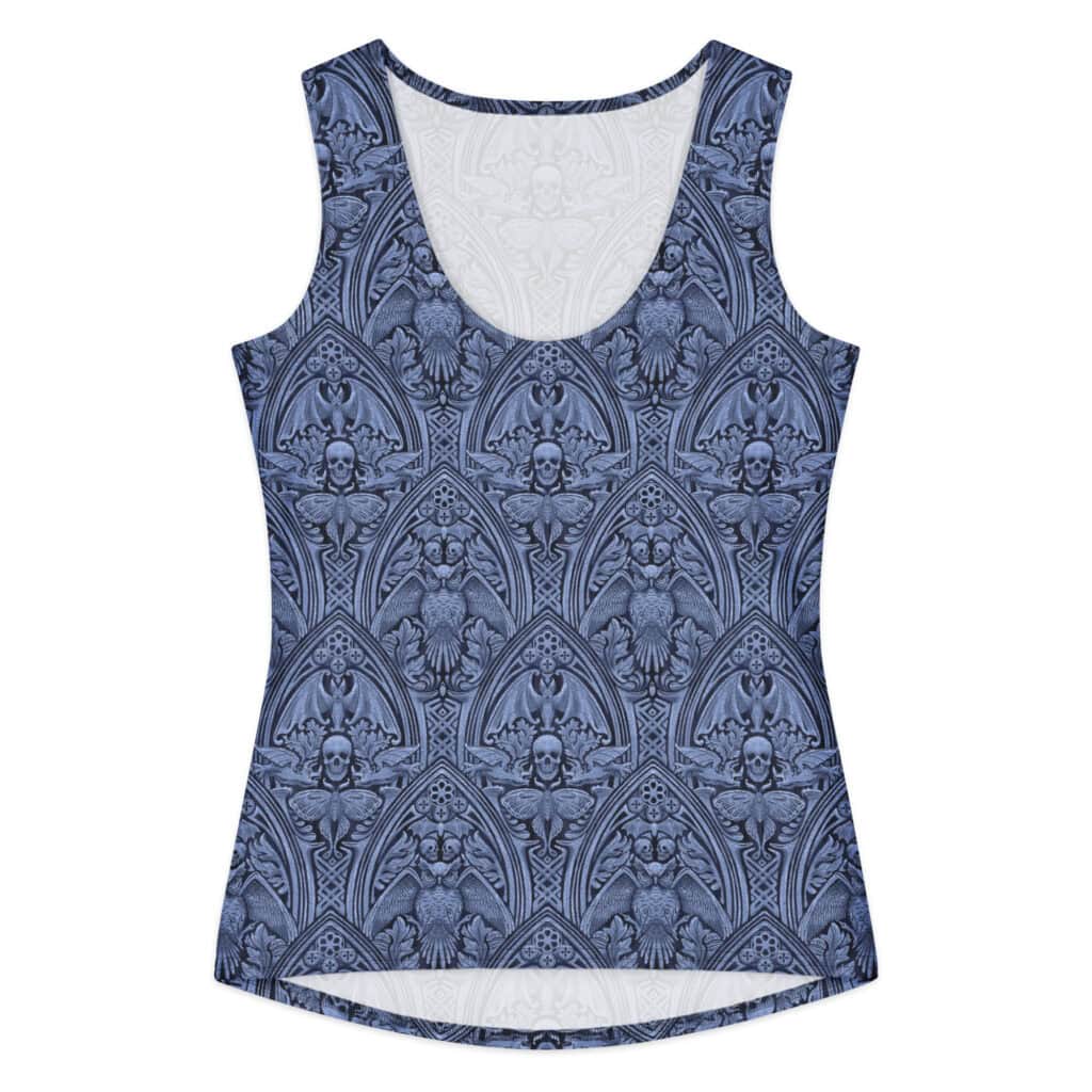Women's cotton tank top printed with the Grande Macabre design, twilight blue, front view.