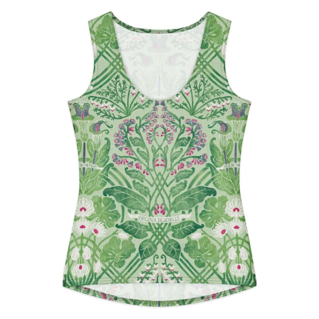 Front of sleeveless v-neck tank in cotton, printed with art nouveau styled woodland florals including jack in the pulpit and others. Colorway features spring green, pinks, purples and white.