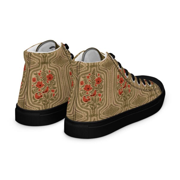 Back three-quarter view of high top sneakers with black soles and laces, printed with Boho Terrarium design.