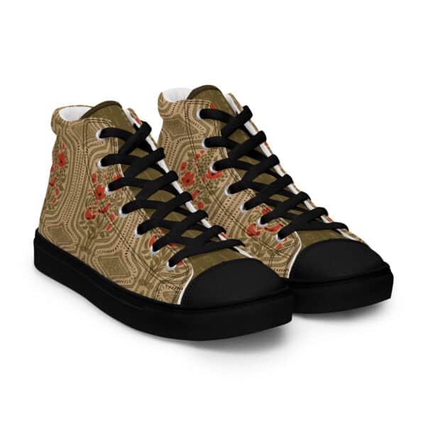 Front three-quarter view of high top sneakers with black soles and laces, printed with Boho Terrarium design.