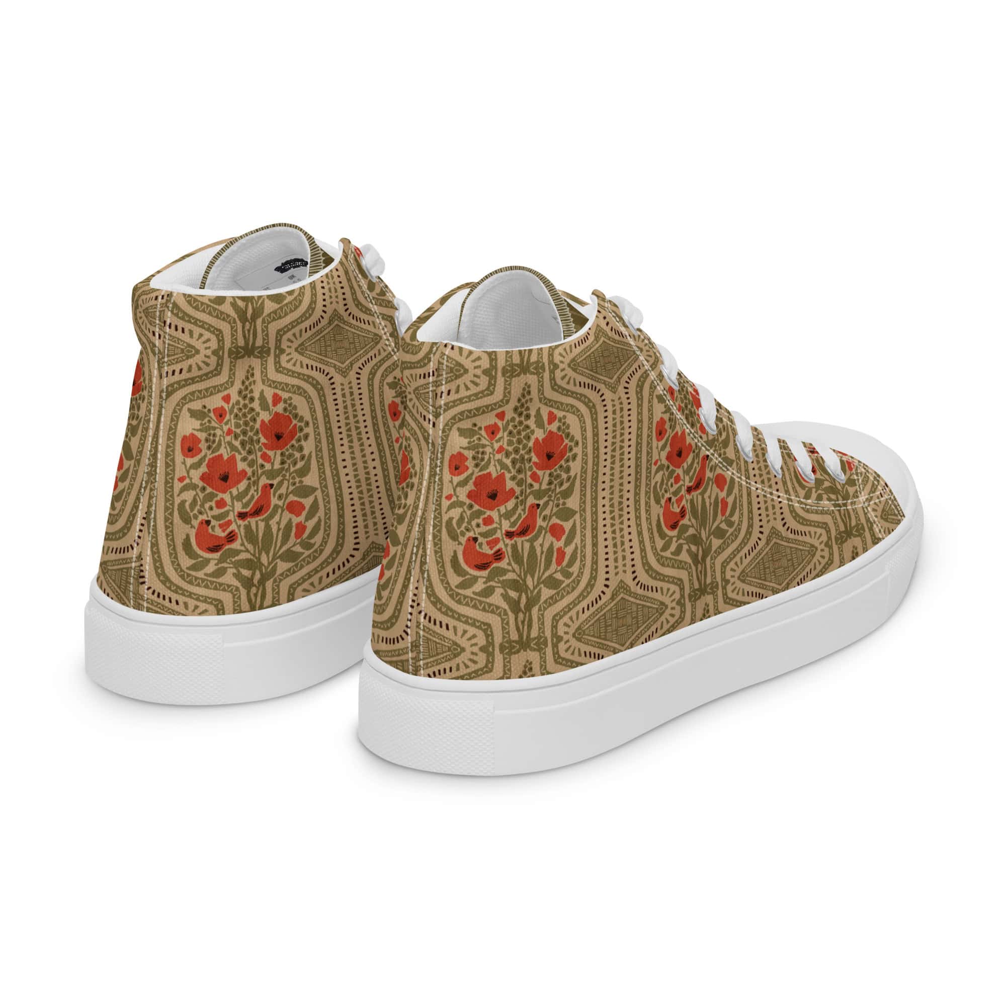 Back three-quarter view of high top sneakers with white soles and laces, printed with Boho Terrarium design.