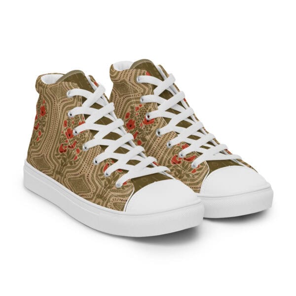 Front three-quarter view of high top sneakers with white soles and laces, printed with Boho Terrarium design.