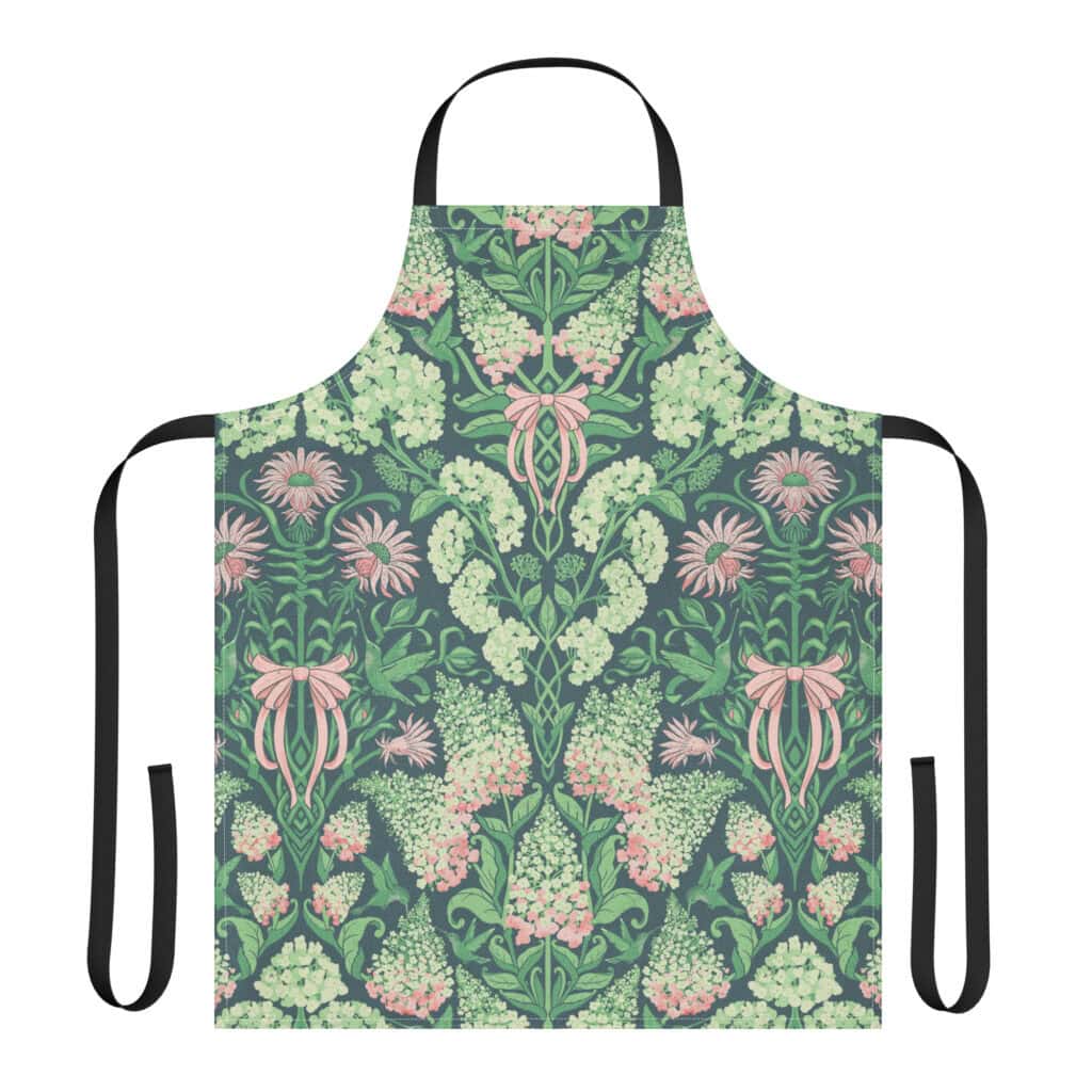 Pretty in Pinky apron with black straps, hydrangeas and ribbon print.
