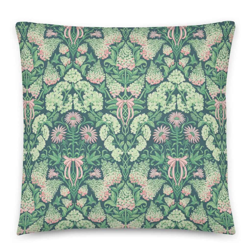 Pretty in Pinky square throw pillow, front side, hydrangea and ribbon print.