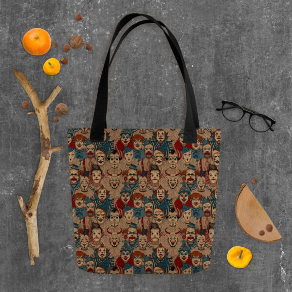 Creepy Circus tote bag in layflat styling with fall decor.